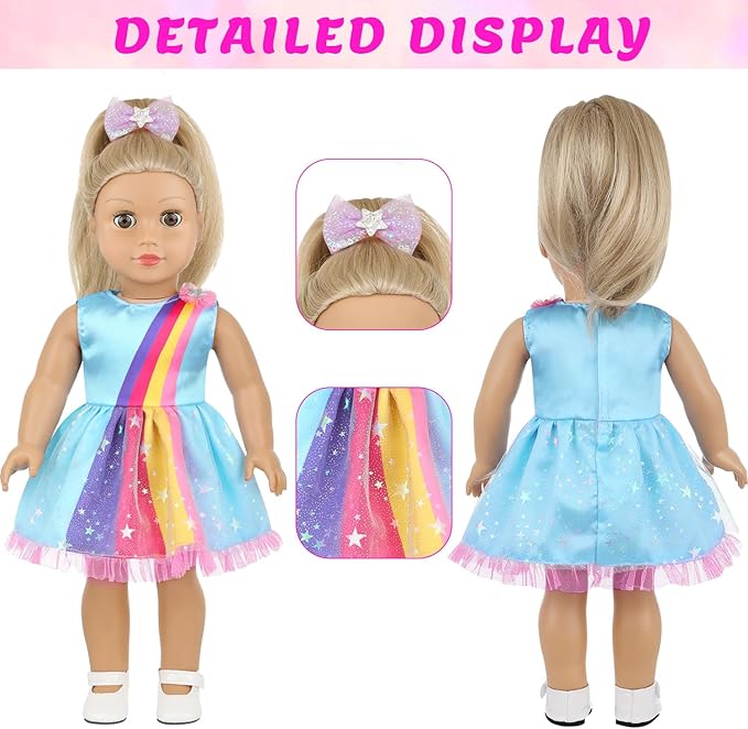18 Inch Amercian Doll Clothes, 2 Set Girl Doll Clothes and Accessories for 18 Inch Dolls 7 Pcs Include Dress, Hair Clip , Phone, Shoes, Sticker, Top and Mini Skirt