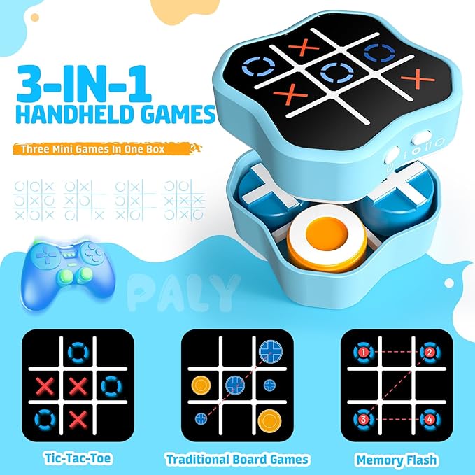 Tic Tac Toe Game, 3-in-1 Electronic Handheld Games Console for Kids Memory Growth, Portable Puzzle Travel Games,Board Game for Kids and Adults, Christmas and Birthday Gifts for All Ages 3+