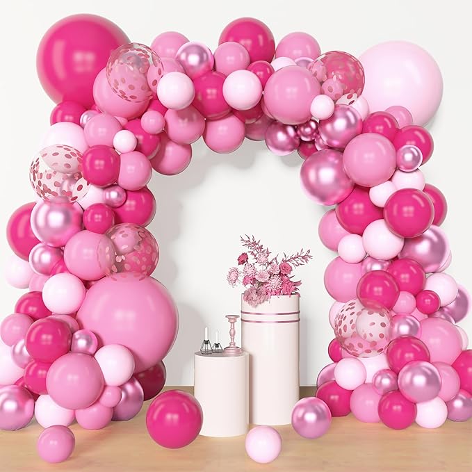 Amandir 153 Pcs Pink Balloon Arch Garland Kit, Different Sizes 18 12 10 5 inch Latex Metallic Confetti Hot Pink Balloons for Valentines Day Baby Shower Birthday Princess Wedding Party Decorations