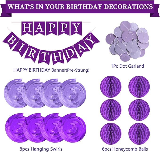 Purple Birthday Decorations Kit - 16-Piece Set with Pre-Strung Happy Birthday Banner, Honeycomb Balls, Garland & Swirls | Purple Theme Party Supplies for Women Girls Kids, Teens Adults