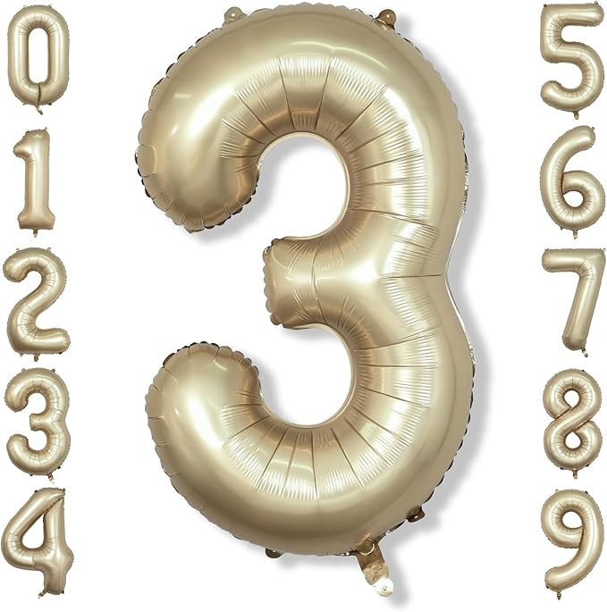 Large Light Gold 3 Balloons, 40 Inch Metallic Champagne Gold Helium Mylar Foil Globos Numero for Boys Girls, Self Inflating 3rd Birthday Balloon for Women Men Anniversary Party Decorations Supplies