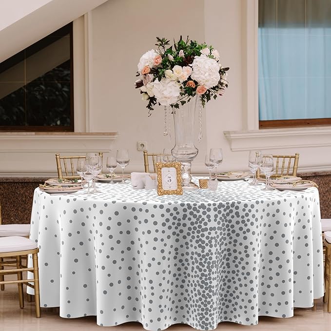 VitalCozy Round Dot Tablecloth 84 Inch Plastic Table Cover Polka Dot Confetti Tablecloths for Easter 2026 Graduation Prom Wedding Birthday Spring Party Supplies(White and Silver,3 Pcs)
