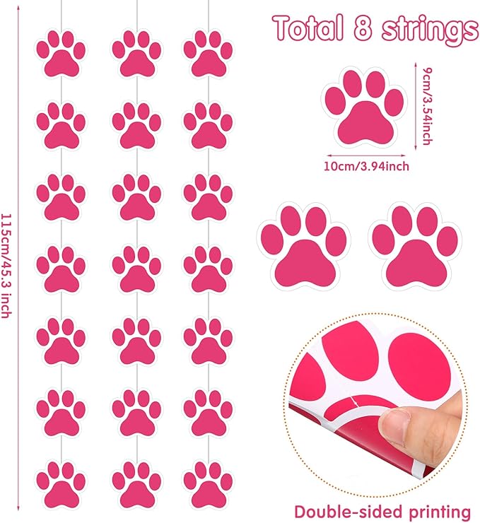 Duraaamo 8 Packs Dog Party Banner Decorations Pink Paw Print Paper Garland Dog Birthday Hanging Cutouts Paw Banners for Lets Pawty Pet Birthday Baby Shower Party Supplies Decor
