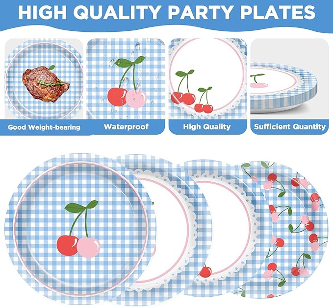 96Pcs Cherry Birthday Party Decorations Cherry Plates and Napkins Blue Checked Paper Plates Cherries on Top Disposable Tableware for Baby Shower Bridal Bachelorette Supplies Cherries