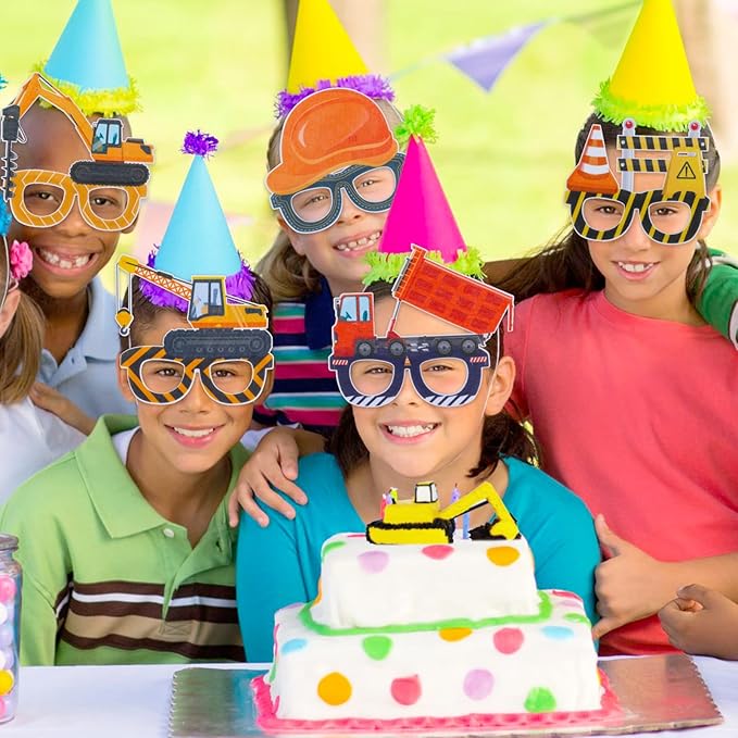 Construction Party Supplies 12PCS Construction Party Felt Glasses with Tractor Excavator Dump Truck Plastic Construction Toys Gift for Kids Toddlers Construction Birthday Party Decor Supplies
