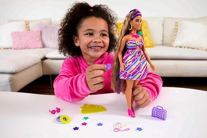 Barbie Totally Hair Doll, Flower-Themed with 8.5-inch Fantasy Hair & 15 Styling Accessories (8 with Color-Change Feature)