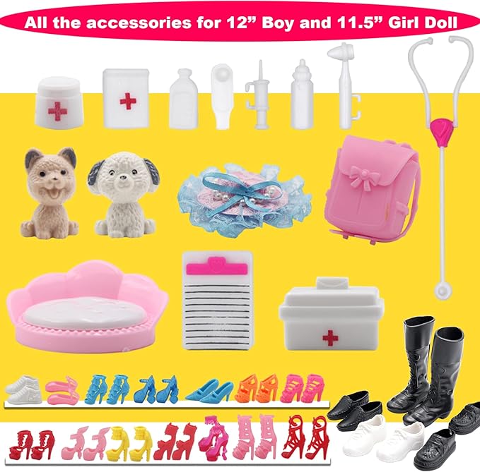 71Pcs Doll Clothes & Accessories for 12 Inch Boy & Girl Dolls - Pet Care Set Includes 25 Wear Clothes, Shirts, Jeans, Suits, Shoes, Pet Doctor Playset, Trolley, Backpack