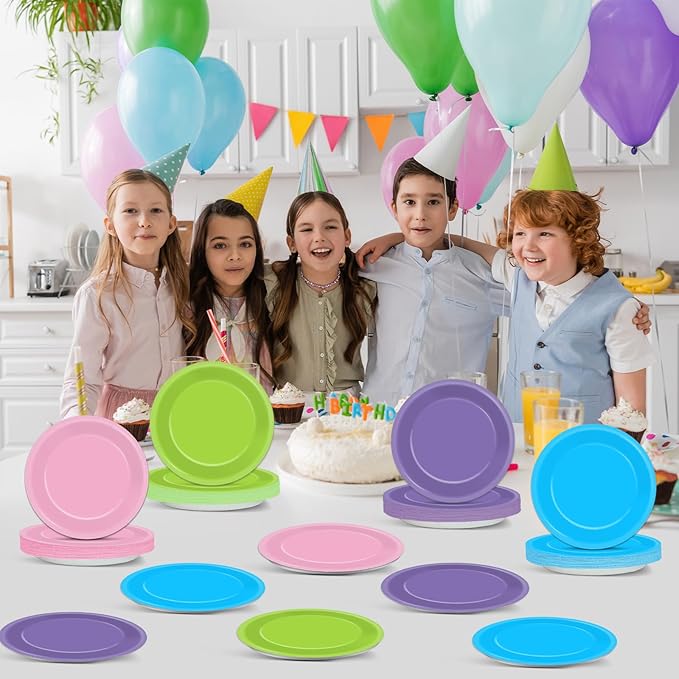 48PCS Monster Birthday Party Paper Plates for Monster Themed Party Supplies 7”Pink Purple Blue Green Cartoon Disposable Dessert Cake Plates for Kids Boys Girls Birthday Decorations