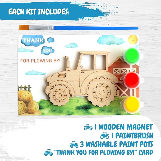 12 Pack Unassembled Tractor Party Favors, Wooden Tractor Cutouts with Magnets & Painting Kits for Kids, Farm Theme Birthday Crafts & Thank You Gifts