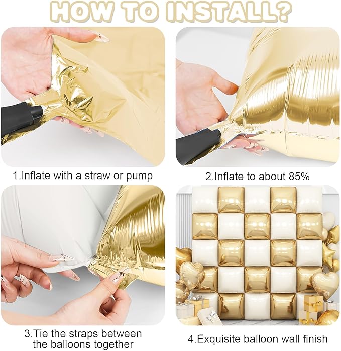 Sand White Gold Square Foil Balloon Wall,25Pcs Double Sided Foil Balloons Backdrop Helium Tunnel Arch Garland Kit for Birthday New Year Bridal Wedding Anniversary Baby Shower Party Decorations
