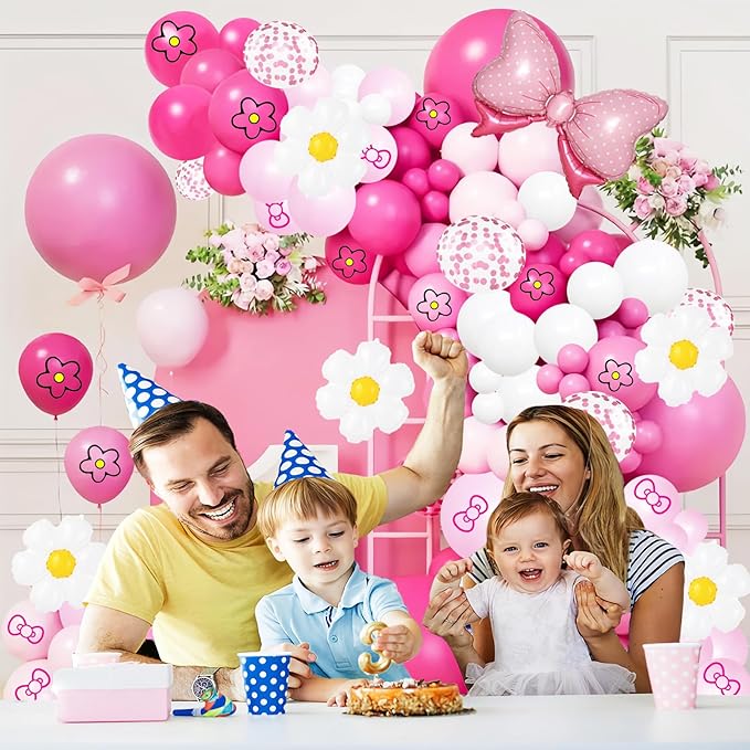 126 Pcs Pink balloon garland Arch Kit, Hot Pink Rose Red Balloons for Cartoon Cat Themed Birthday Party Decorations Girls Kids Gatherings Party Supplies