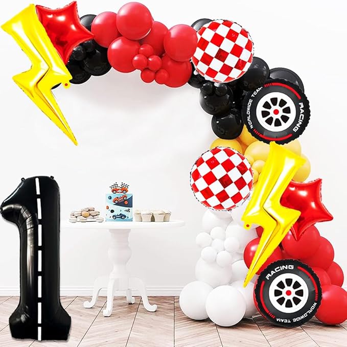 Cartoon Race Car Birthday Party Decorations Lightning Bolt Foil Balloons Race Car Balloons 40 Inch Racetrack Number 1 Balloon for 1st Cars Themed Party Decor Supplies