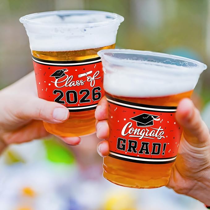 Gatherfun Class of 2026 Celebration - 100 Pcs 16oz Red Graduation Plastic Cups for Sturdy & Durable Drinkware for Grad Festivities | Essential Graduation Party Supplies & Decorations