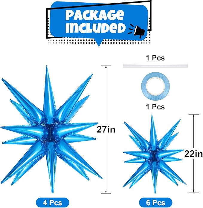 10 Pcs Blue Star Balloons Explosion Starburst Balloons Foil Cone Balloon Magic for Birthday Wedding Anniversary Party Backdrops Decorations Supplies, 6 Pcs 22Inches and 4 Pcs 27Inches