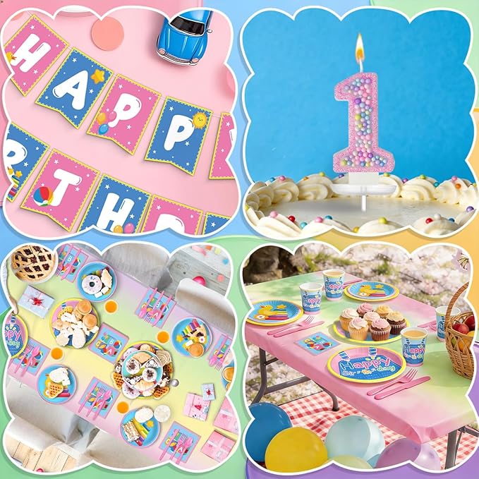 English Teacher Party Supplies, Fufuddz Rainbow Birthday Decorations Cartoon Teacher Party Plates and Napkins for Girls Boys 1st Birthday Banner Balloons Tablecloth Candle, Tableware Set for 24 Guests