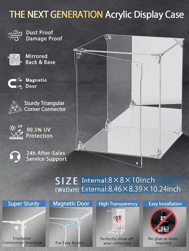 Clear Acrylic Display Case with Mirrored Back and Base, UV Protected Acrylic Box with Magnetic Door, Dustproof Display Box Showcase for Collectibles, Figures, Models, Toys (8x8x10inch)