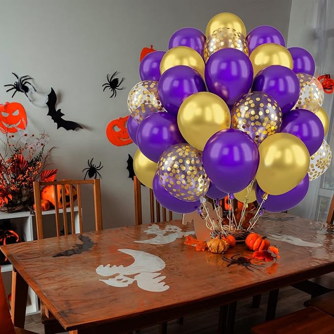 Paready Purple and Gold Balloons, 50 Pcs Dark Purple Party Balloons, 12 Inch Retro Purple Metallic Gold Confetti Balloons Helium for Graduation Wedding Bridal Baby Shower Birthday Party Decorations