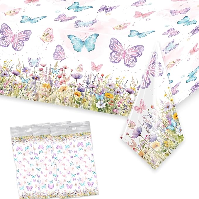 3 Pack Butterfly Tablecloth Birthday Party Decorations for Spring Butterfly Theme Girls Baby Shower 1st 2nd 3rd 4th Birthday Party Table Supplies Favors, 108 x 54 Inch