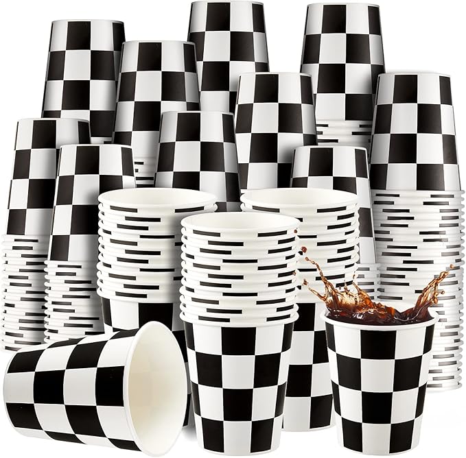 Cunhill 100 Pieces Checkered 9 oz Paper Flag Race Car Cups Party Supplies Black and White Cups Bulk Disposable Beverage for Checkered Themed Birthday Party Decorations