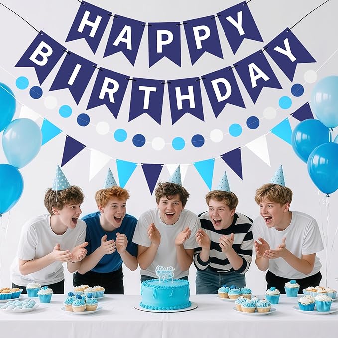 Blue Happy Birthday Banner, Happy Birthday Decorations Hanging Birthday Sign Circle Dot Triangle Bunting for Women Men Girl Boy Party Supplies