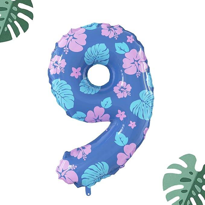 40 Inch Number 9 Balloon Leaf and Flower Birthday，9th Birthday Decorations for Kids' Parties Hawaii Party Supplies Favor Pink and Blue