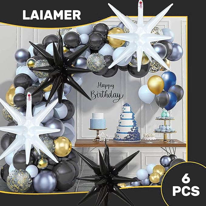 6 Pcs White Black Star Foil Balloons One-Piece 14-Pointed Star Balloon 4D Starburst Cone Mylar Balloon 22inch Christmas Birthday Wedding Wedding Anniversary Party Supplies (White + Black)