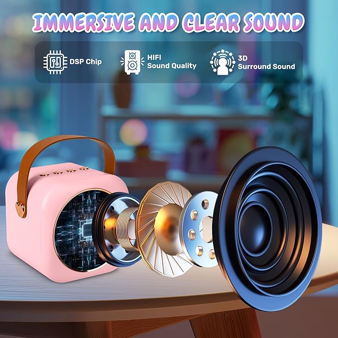 Mini Karaoke Machine with 2 Wireless Microphones, Portable Bluetooth Speaker for Kids & Adults, Ideal Birthday for Girls Boys Ages 3-12, Home Party Travel Entertainment Toy(Pink)