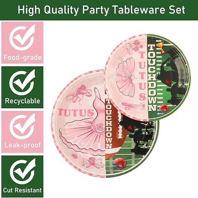 96 Pcs Ballet or Football Gender Reveal Plates and Napkins Party Supplies Tutus or Touchdowns Gender Reveal Tableware Football Party Decorations Favors for Boy or Girl Birthday Baby Shower Serves 24