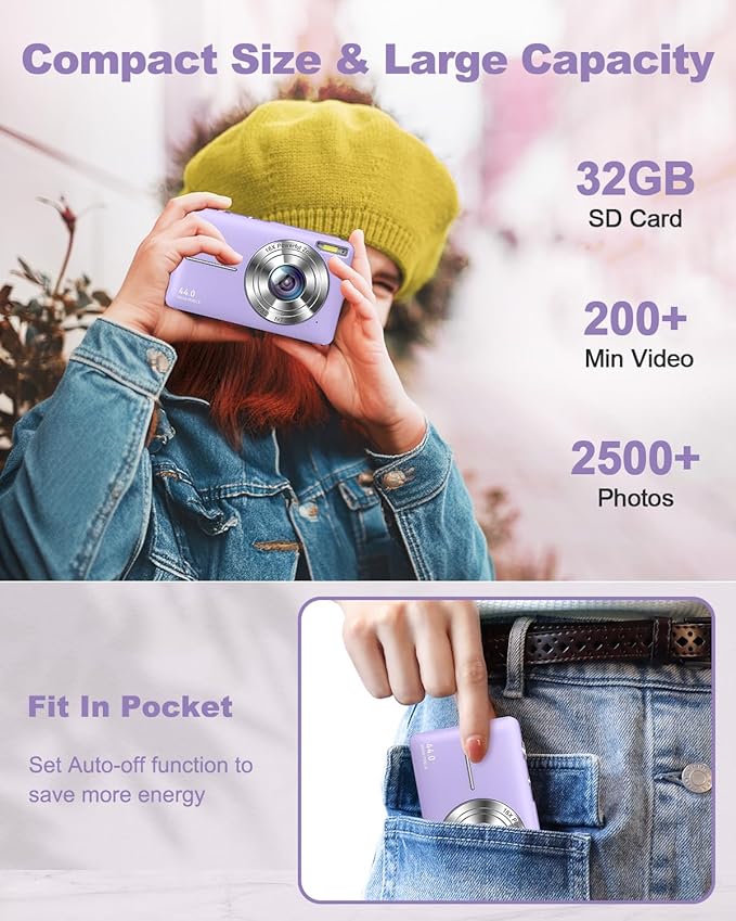 Digital Camera Small Camera for Photography Digital Point and Shoot Cameras with FHD 1080P, 32GB Card, 16X Zoom Anti Shake Kids Camera, Purple