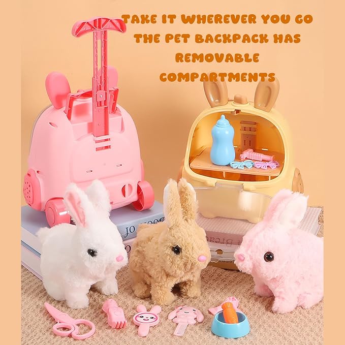 Electric Bunny Toy, Interactive Plush Bunny Toy with Cage, Walking Hopping & Nose Twitching Electronic Pet for Kids
