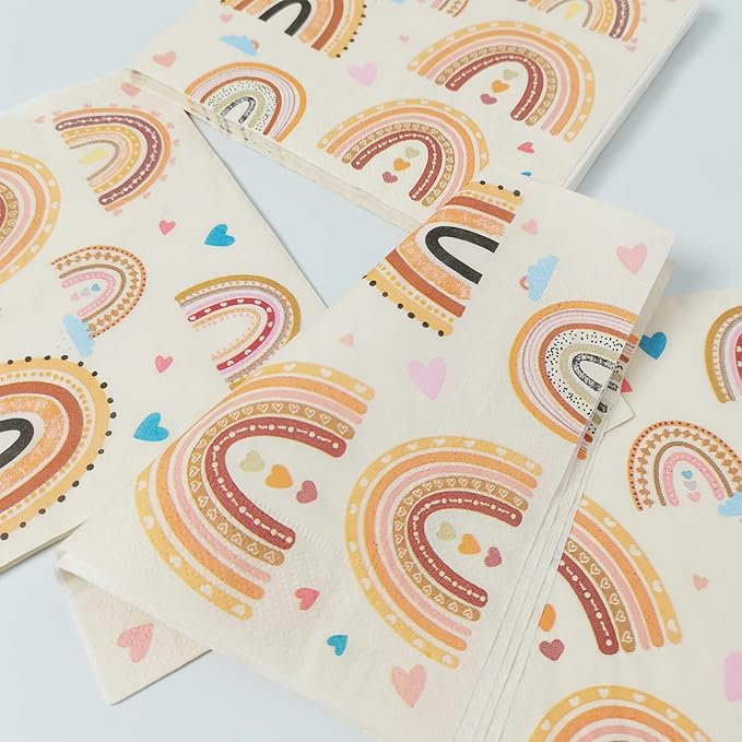party greeting 50 Pcs Boho Rainbow Napkins Supplies Boho 1st Birthday Party Napkins Decorations Rainbow Lunch Paper Napkins for Birthday Baby Shower