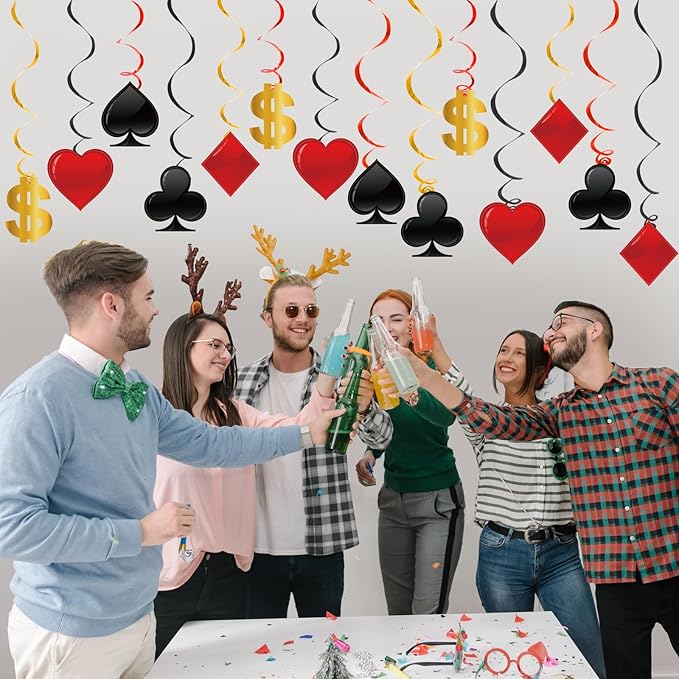 60 Pack Casino Theme Party Decorations Las Vegas Hanging Swirl Red Black Poker Paper Cutouts Party Ceiling for Casino Night Las Vegas Night Baby Shower Birthday Party Supplies Decor Supplies
