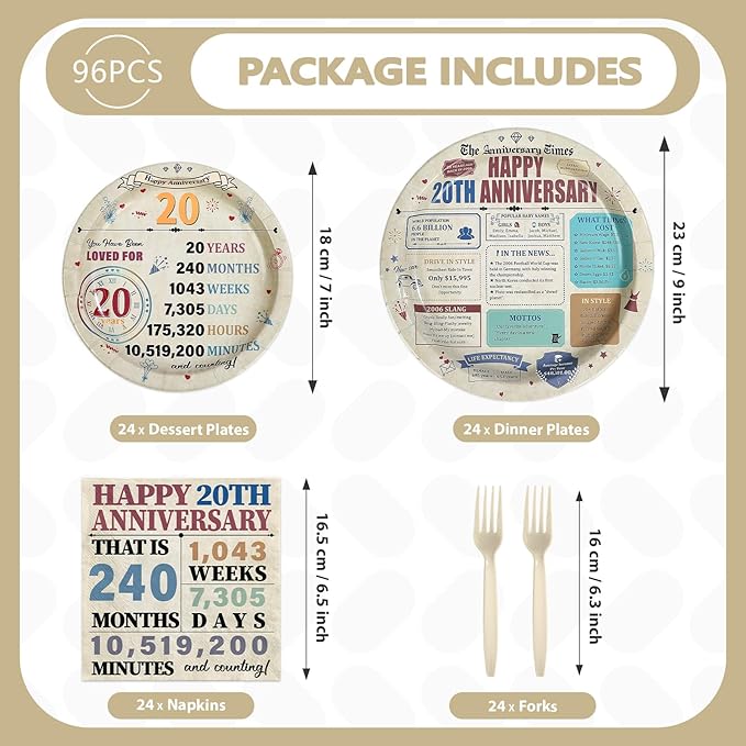 96Pcs 20th Anniversary Party Decorations Retro 20 Years Wedding Aday Plates and Napkins Happy 20th Anniversary Disposable Tableware Set for Vintage 20 Year Wedding Party Supplies Serves 24