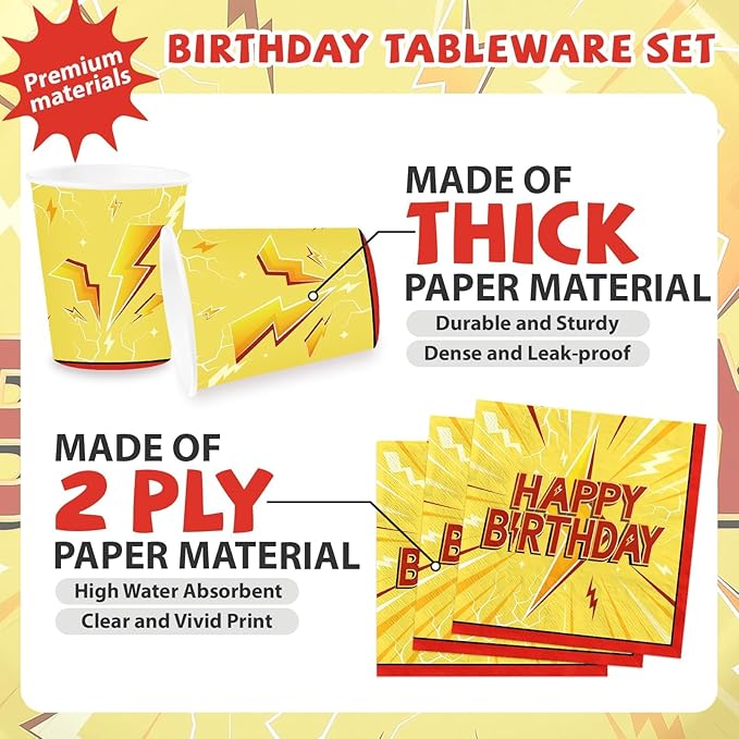 168 Pcs Lightning Bolt Birthday Party Decorations Lightning Paper Plates and Napkins Yellow Red Cartoon Tableware Set for Light Birthdays Baby Shower Party Supplies, Serves 24