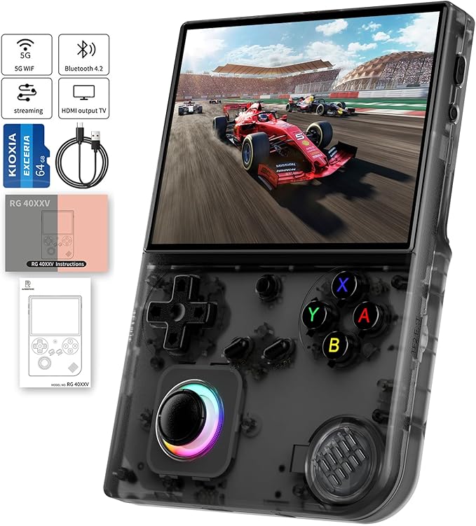 RG40XX V Handheld Game Consoles RG40XXV Retro Game Console Built-in 64G TF Card RG 40XXV Portable Gaming Console Linux 64-bit System Supports WiFi Bluetooth HD and TV Output Black