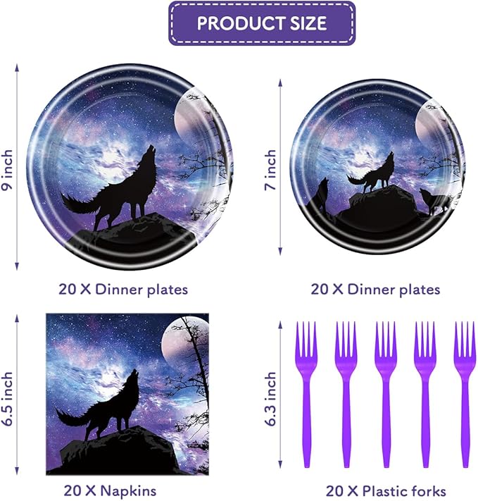 Wolf Birthday Party Tableware, Wolf King Party Supplies, Galaxy Wolf Birthday Decorations Wolf Theme Paper Plate