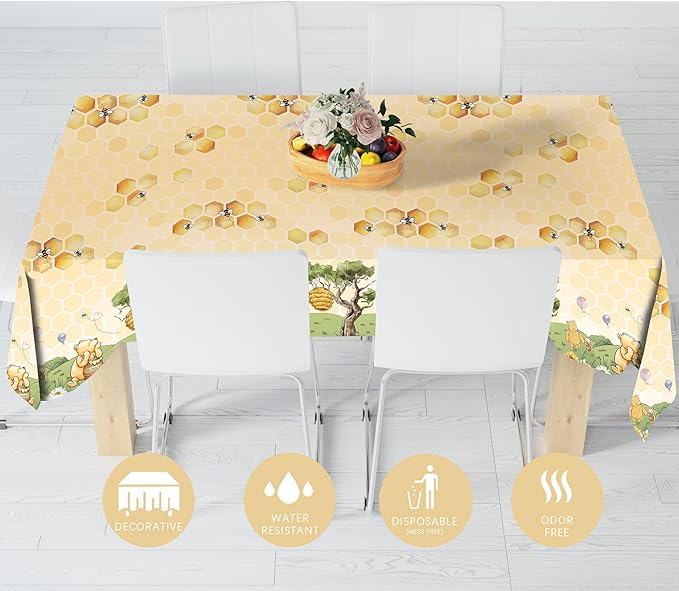3pcs Party Tablecloth Bear Baby Shower Tablecloths Classic Bear Disposable Thickened Plastic Table Cover for Kids 1st 2rd Baby Party Supplies 54x108Inches (Yellow)