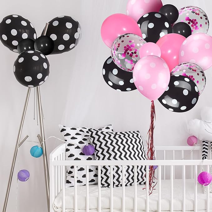 75 Pieces Mouse Color Balloons Confetti Polka Dot Balloons Latex Party Garland for Halloween Baby Shower Wedding Mouse Birthday Party Decorations Supplies(Pink, Black)
