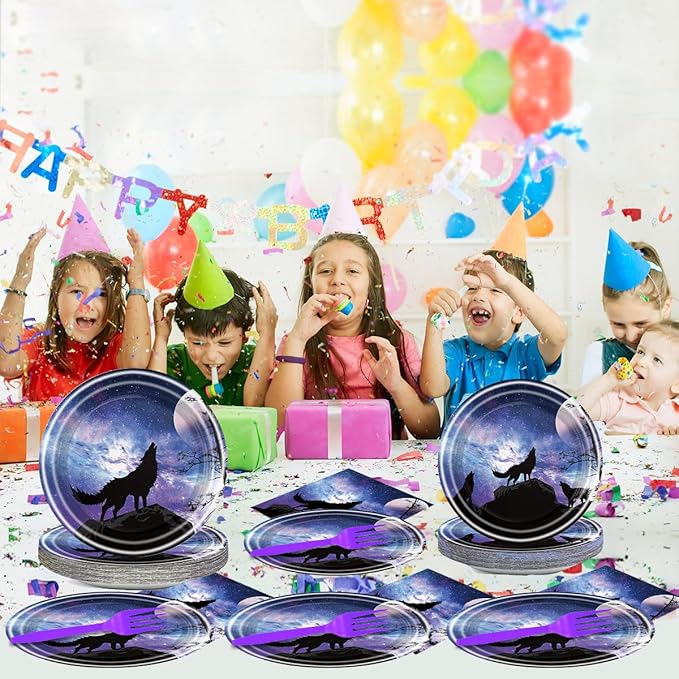 Wolf Birthday Party Tableware, Wolf King Party Supplies, Galaxy Wolf Birthday Decorations Wolf Theme Paper Plate