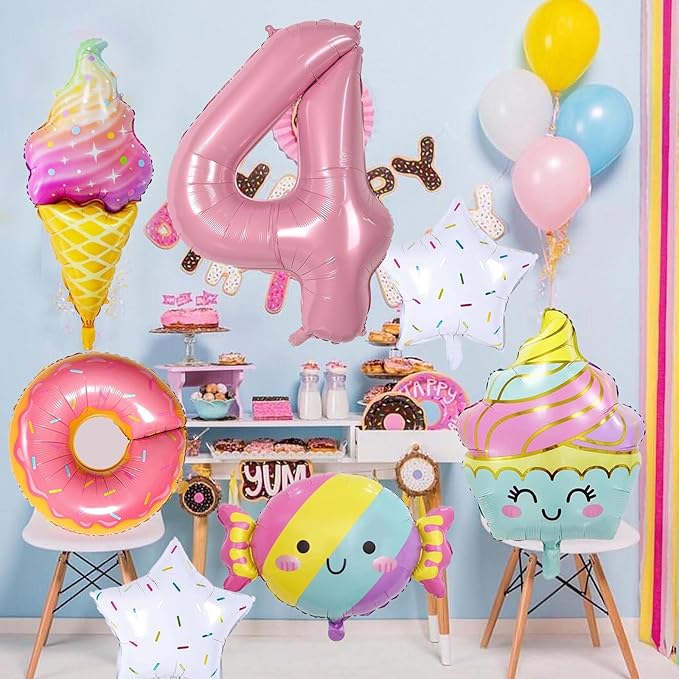 Donut 4th Birthday Decorations - Sweet Party Supplies with Foil Balloons & Backdrops for Girls