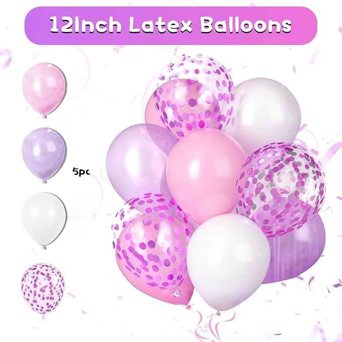 Purple Pink Birthday Decorations,Princess Party Decorations for Women Girls with Pink Purple Balloons Happy Birthday Banner Fringe Curtain Tissue Pompoms Star Garland