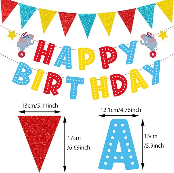 Zwiebeco Red Blue Yellow Carnivals Happy Birthday Party Decoration Banner Triangle Flags Pennant Sign Hanging Paper Garland Bunting for Kids Adults Circus Themed Accessories Supplies
