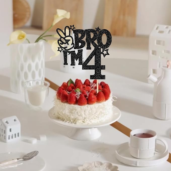 1 PCS Brother I'm 4 Cake Topper Glitter Star Happy 4th Birthday Cake Pick Bro I'm 4 Cake Decoration It's My 4th Birthday Decorations for Boys Cheers to 4 Years Old Birthday Party Supplies Black