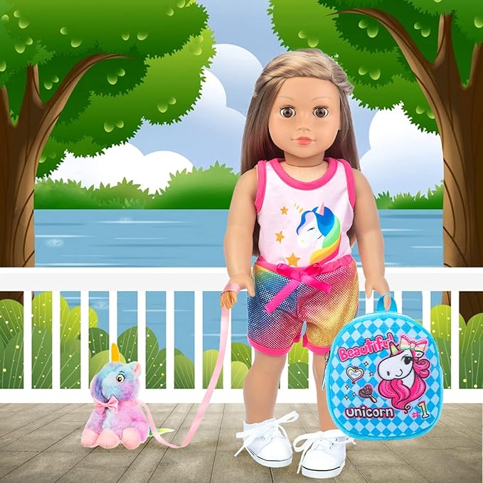 K.T.Fancy 7 PCS 18 inch Dolls Bag Carrier Set and Accessories Including Clothes, Shoes, Sunglasses, Doll Backpack and Toy Unicorn (NO Doll)