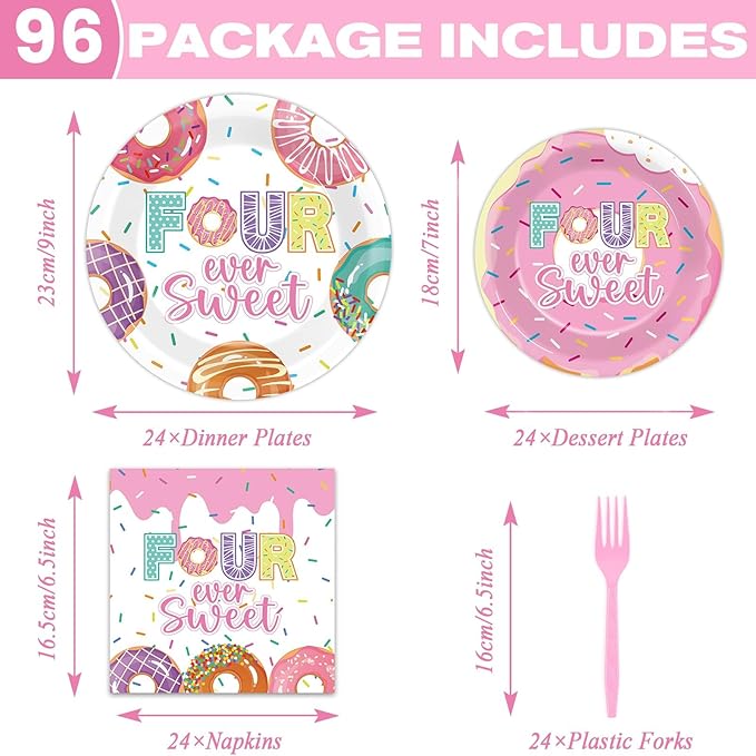 96 Pcs 4th Birthday Donut Party Decoration for 24 Guests Four Sweet Donut Paper Plates Napkins Four Years Old Themed Tableware Set Table Supplies 4th Birthday Pink Party Favor