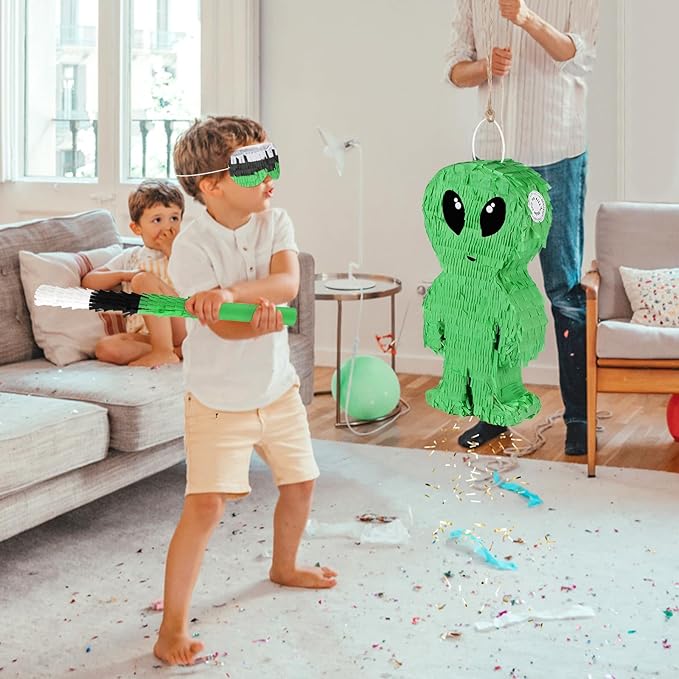 Alien Pinata with Stick and Blindfold Green Space Alien Birthday Party Decorations for Kids Boys Outer Space Theme Party Supplies