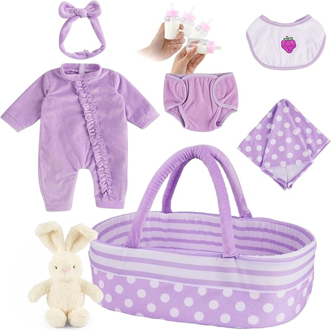 BABESIDE 8 Pcs Reborn Baby Doll Clothes with Bassinet for 17-22 Inch Babydolls, Reborn Baby Doll Accessories fit Dolls Girls, Baby Dolls Clothes for Realistic Dolls,Toy Gift for Kids