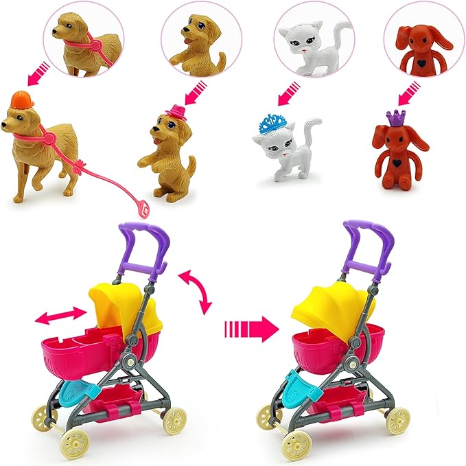 Dolls & Accessories Playset with Doll Transforming Stroller Dog Pet for Girls Ages 3-5-7-12 Birthday Gifts