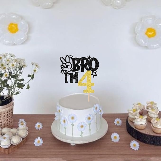 1 PCS Brother I'm 4 Cake Topper Glitter Star Happy 4th Birthday Cake Pick Bro I'm 4 Cake Decoration It's My 4th Birthday Decorations for Boys Cheers to 4 Years Old Birthday Party Supplies Gold
