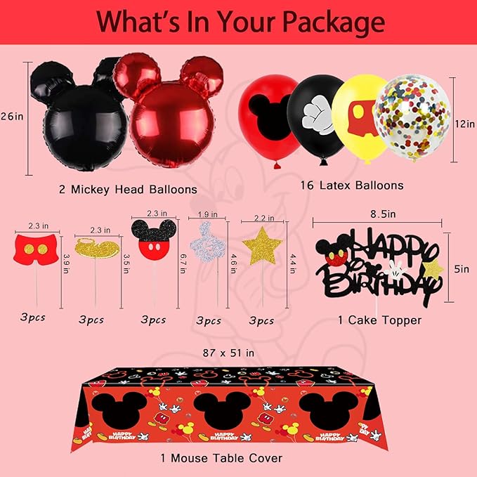 Cartoon Mouse 3rd Birthday Party Decorations - 3 Years Old Boy Party Supplies Includes Birthday Banner Garland, Door sign, Tablecloth, Cake Cupcake Toppers, Mouse Head Balloons, Latex Balloons